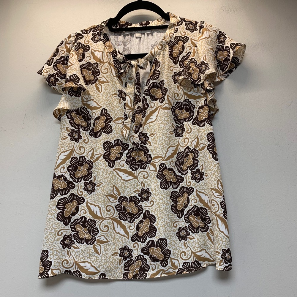 LOFT Blouse Womens Small Brown Floral Excellent Flutter Sleeve Tie Neck Top